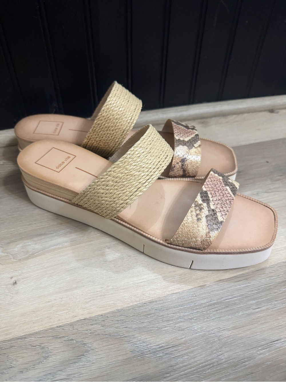 Dolce Vita Women’s Neutral Woven & Snake-Print Slide Sandals